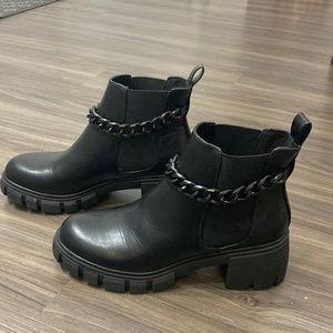 Madden Girl Black Lug Sole Boots with Black Chain, size 9, never worn.